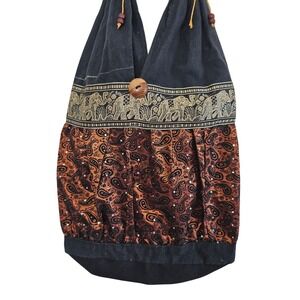 Boho Elephant Paisley Hobo Bag Black Brown Embroidered Sequin Shoulder Purse